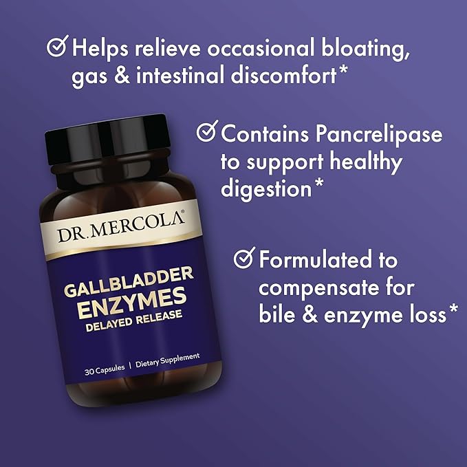 Dr. Mercola Gallbladder Enzymes - Gallbladder & Digestive Health Support - Includes Pancreatic Protease, Amylase & Lipase - Non-GMO, Gluten-Free & Soy-Free - 30 Delayed Release Capsules (30 Servings)