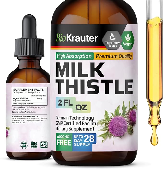 BIO KRAUTER Milk Thistle Liquid Drops - Milk Thistle Silymarin Liver Support Supplement - Alcohol & Sugar Free Tincture for Liver Cleanse Detox - 2 Fl. Oz.