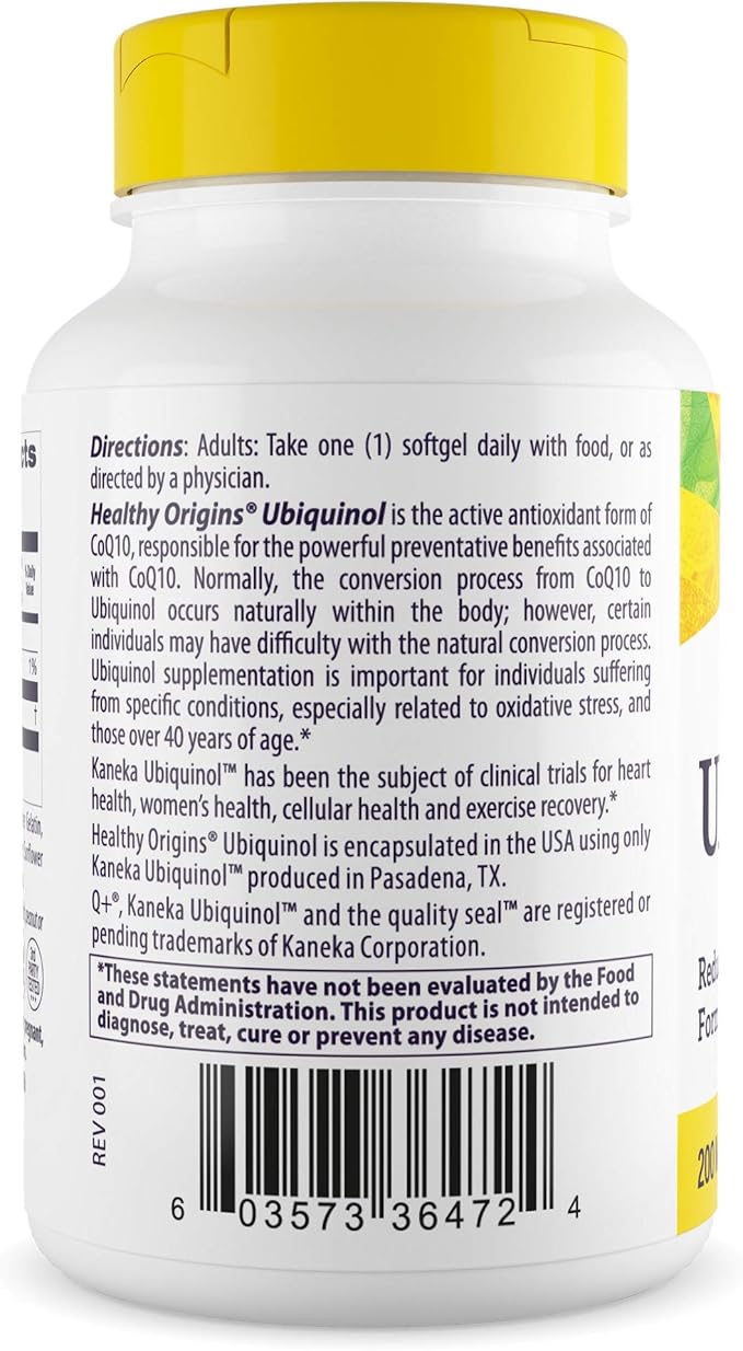 Healthy Origins Ubiquinol (Active Form of CoQ10), 200 mg - Ubiquinol Supplements for Heart Health & Antioxidant Support - Gluten-Free & Non-GMO Supplement - 60 Softgels