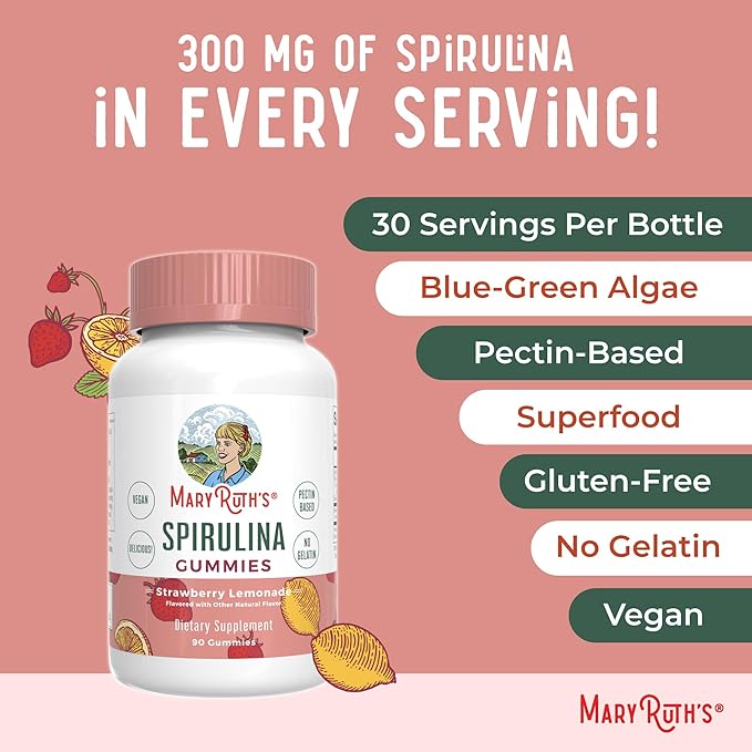 MaryRuth Organics Spirulina Gummies Made with Organic Spirulina | Superfood Gummies for Ages 14+ | Vegan | Non-GMO | 90 Count
