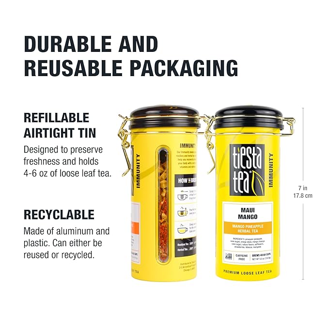 Tiesta Tea Maui Mango | Loose Leaf | Mango Pineapple Herbal Tea | Premium Non-Caffeinated Fruit Blend | Makes Hot or Iced & Brews Up to 50 Cups | 5.5 Ounce Refillable Tin