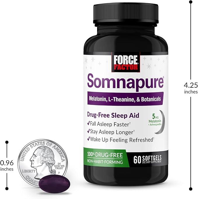 FORCE FACTOR Somnapure Softgels Sleep Aid to Fall Asleep Faster, Stay Asleep Longer, Wake Up Refreshed, Sleep Aid for Adults with Melatonin, Ashwagandha, Valerian Root, and Lemon Balm, 60 Softgels