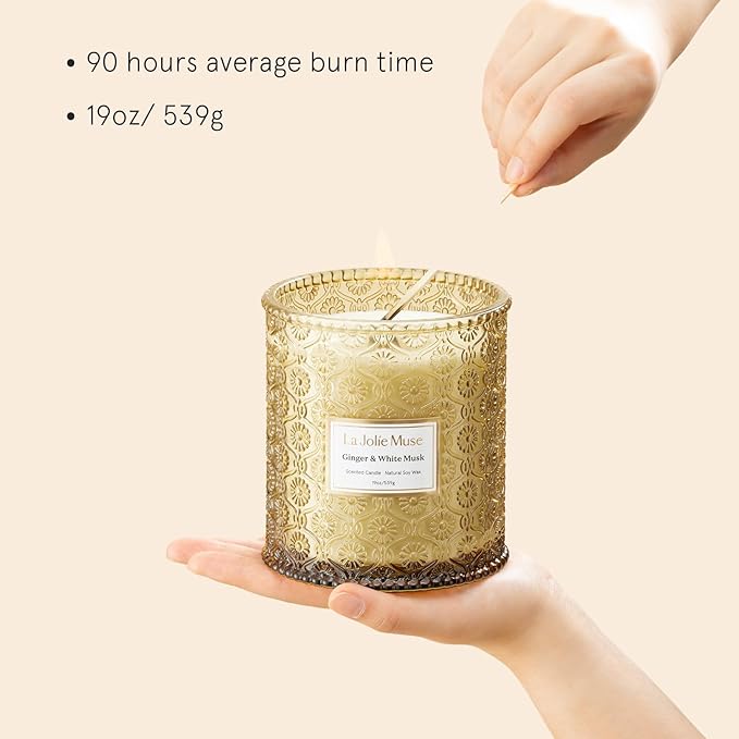 LA JOLIE MUSE Ginger & White Musk Candle, 19 oz Large Wood Wicked Candles for Home Scented, Natural Soy Candle Gifts for Men&Women, Long Burning Glass Jar Candles