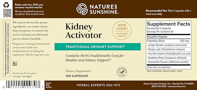 Nature's Sunshine Kidney Activator Capsules, 100 Capsules | Natural Kidney Supplement Contains Herbs to Support and Enhance Kidney Function and Urine Flow