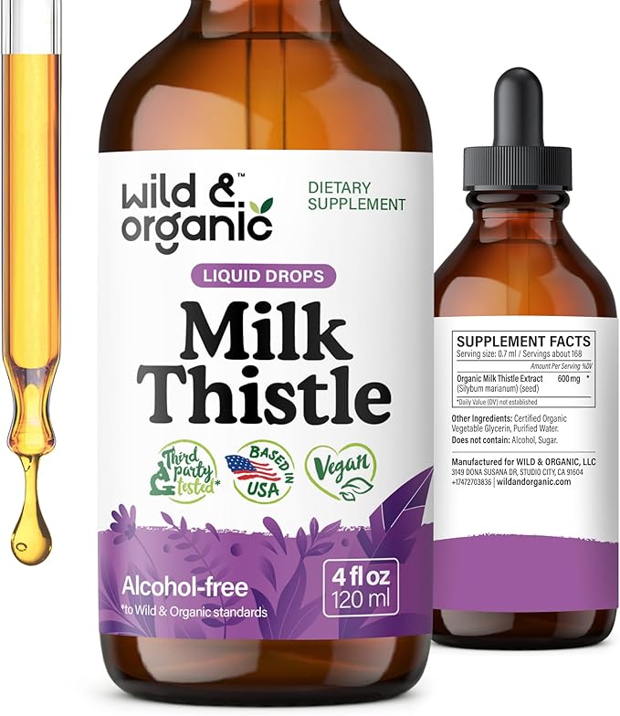 Wild & Organic Milk Thistle Liquid Drops - Liver Cleanse Detox - Silymarin Milk Thistle Supplement for Liver Support - Silybum Marianum Seed Extract Tincture - Vegan, Sugar & Alcohol-Free - 4 fl oz