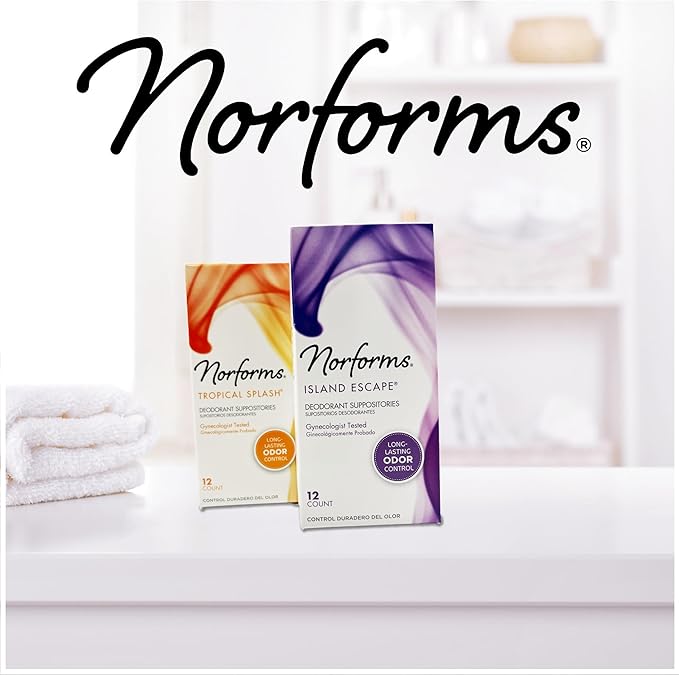 Norforms Feminine Deodorant Suppositories, Long Lasting Odor Control, Island Escape Scent, 12 Count Deodorant Suppositories in Each Box (Pack of 3)