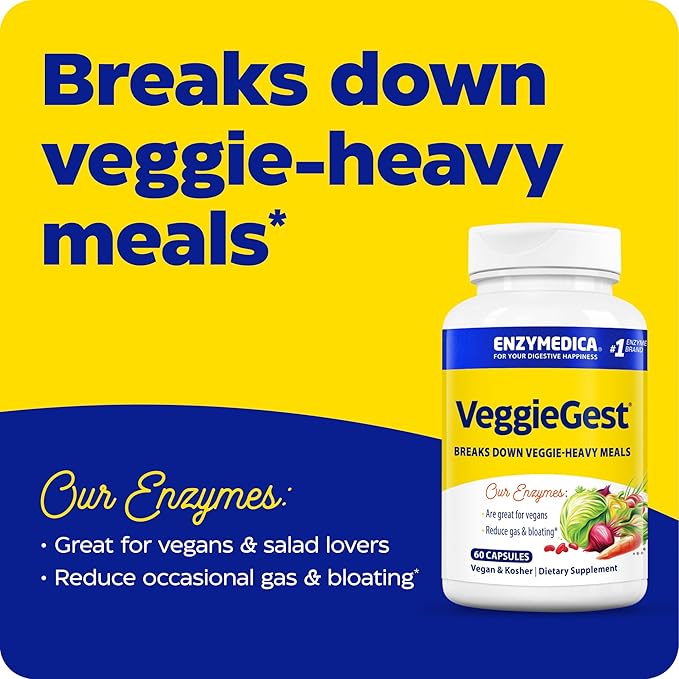 Enzymedica VeggieGest, Digestive Enzymes for Vegan, Vegetarian and Raw Diets, Prevents Gas and Bloating, 60 Count