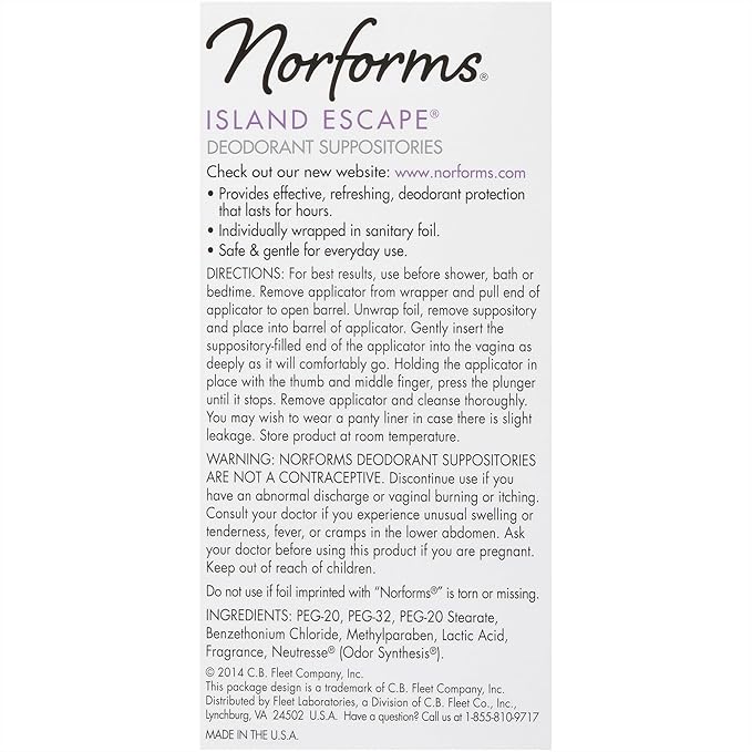 Norforms Feminine Deodorant Suppositories, Long Lasting Odor Control, Island Escape Scent, 12 Count Deodorant Suppositories in Each Box (Pack of 3)