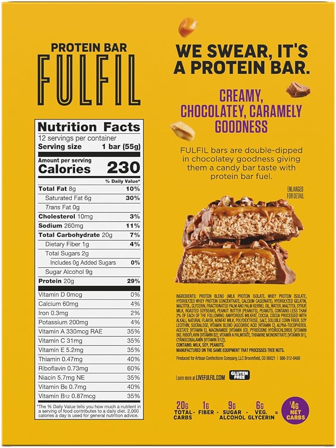 FULFIL Protein Bars, Chocolate Peanut Caramel Flavored, Gluten Free with 20g Protein, Pantry Staples, 12 Count