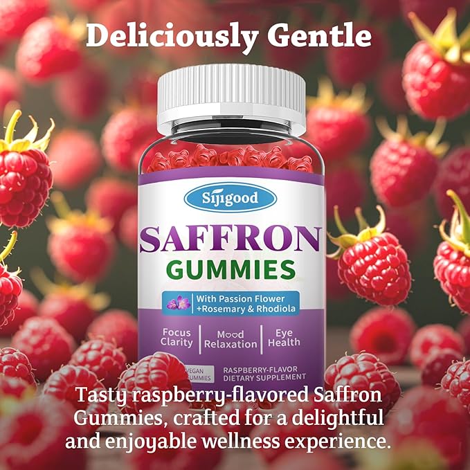Saffron Gummies - Sugar Free Saffron Supplement for Men Women Mood Support Supplement with Saffron Extract, Passion Flower, Magnesium & Vitamins for Relaxation, Focus, Raspberry Flavor, 60 Count