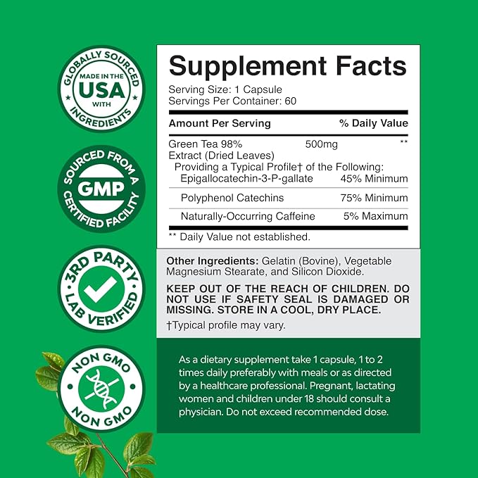 Green Tea Extract Capsules - 500mg Pure Leaf Green Tea Caffeine Supplement - EGCG, Caffeine Extract & Polyphenols Supplement for Healthy Metabolism Support for Women & Men - Natural Detox - 60 Count