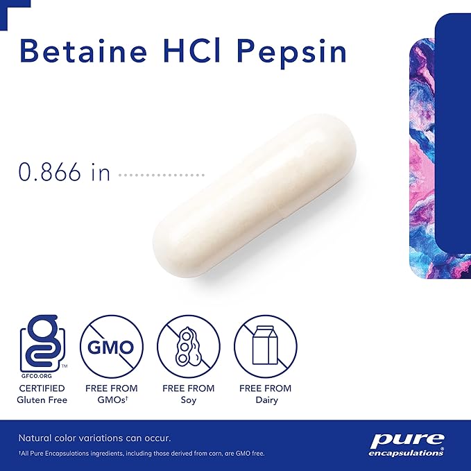 Pure Encapsulations Betaine HCl Pepsin - Digestive Enzymes Supplement for Digestion Aid & Support, Stomach Acid & Nutrient Absorption* - with Betaine HCl Pepsin - 250 Capsules
