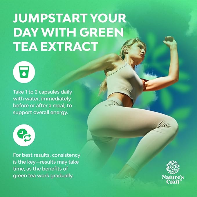 Green Tea Extract Capsules - 500mg Pure Leaf Green Tea Caffeine Supplement - EGCG, Caffeine Extract & Polyphenols Supplement for Healthy Metabolism Support for Women & Men - Natural Detox - 60 Count
