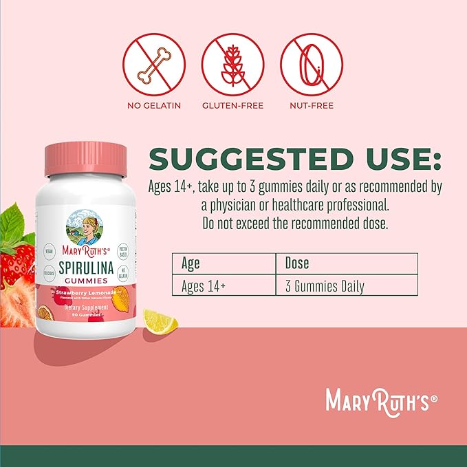 MaryRuth Organics Spirulina Gummies Made with Organic Spirulina | Superfood Gummies for Ages 14+ | Vegan | Non-GMO | 90 Count