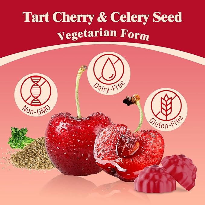 Tart Cherry Gummies – Uric Acid Cleanse & Joint Support with Celery Seed – Vegan, Antioxidant Tart Cherry Supplement – Mixed Berry Flavor, 60 Count