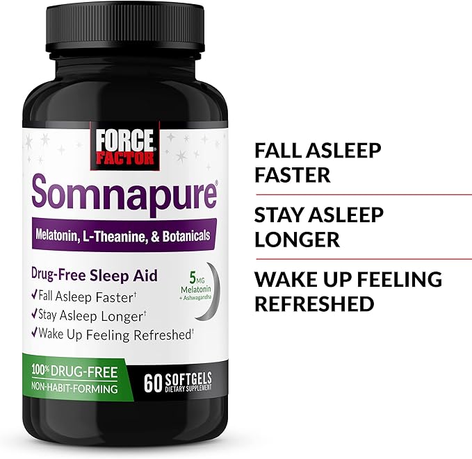 FORCE FACTOR Somnapure Softgels Sleep Aid to Fall Asleep Faster, Stay Asleep Longer, Wake Up Refreshed, Sleep Aid for Adults with Melatonin, Ashwagandha, Valerian Root, and Lemon Balm, 60 Softgels