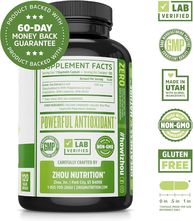 Zhou Nutrition Green Tea Extract Supplement - Green Tea & ECGC for Women & Men, Clean Caffeine Energy, Antioxidant Support, 500mg Per Serving - 120 Vegan Friendly Capsules