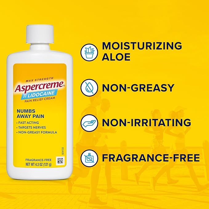 Aspercreme Lidocaine Pain Relief Cream Soothes Aggravated Nerves, Numbing Topical Analgesic with Max-Strength 4% Lidocaine & Moisturizing Aloe, 4.3 Oz.