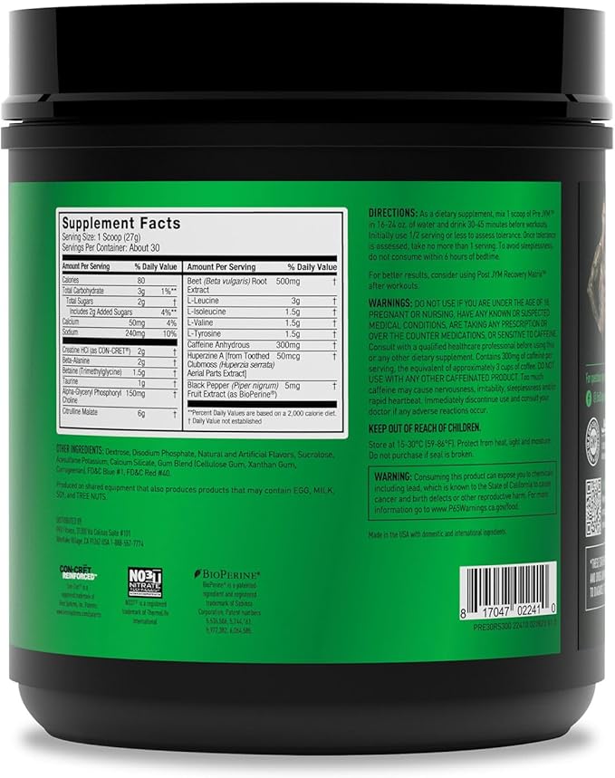 JYM Supplement Science Pre JYM Rainbow Sherbet Pre Workout Powder for Men & Women, BCAAs, Nootropics, Creatine HCI, Citrulline, Beta-Alanine, Betaine, Taurine, Huperzine, 30 Servings