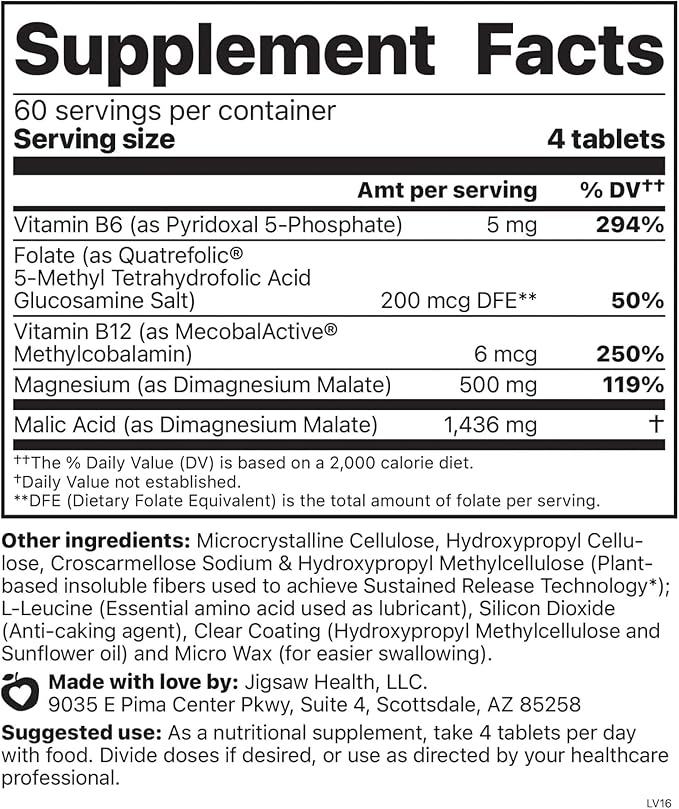 Jigsaw Health MagSRT | Magnesium Supplement with Vitamin B6, Folate & B12 | 240 Tablets | 60 Servings