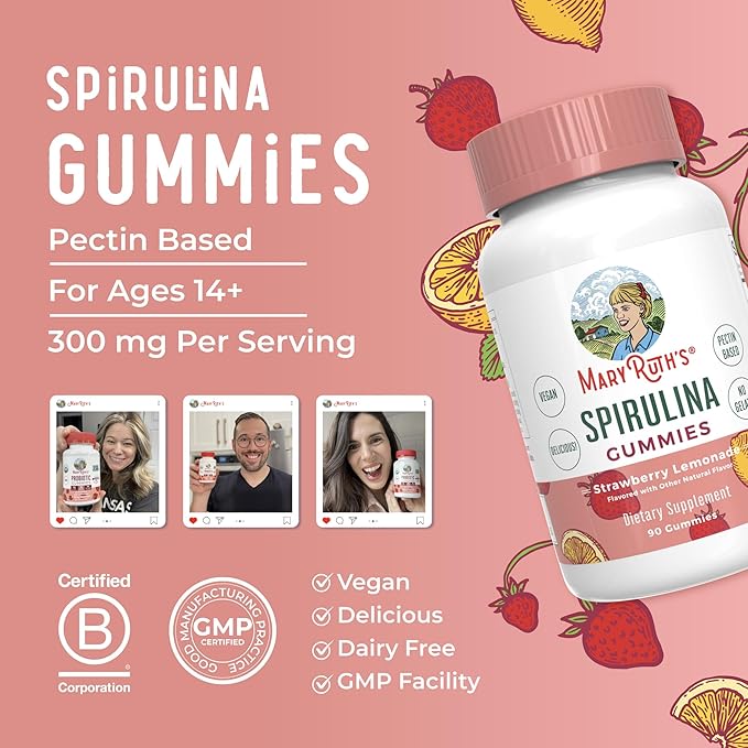 MaryRuth Organics Spirulina Gummies Made with Organic Spirulina | Superfood Gummies for Ages 14+ | Vegan | Non-GMO | 90 Count