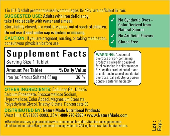 Nature Made Iron 65 mg (325 mg Ferrous Sulfate) Tablets, Dietary Supplement for Red Blood Cell Support, 180 Tablets, 180 Day Supply (Pack of 2)