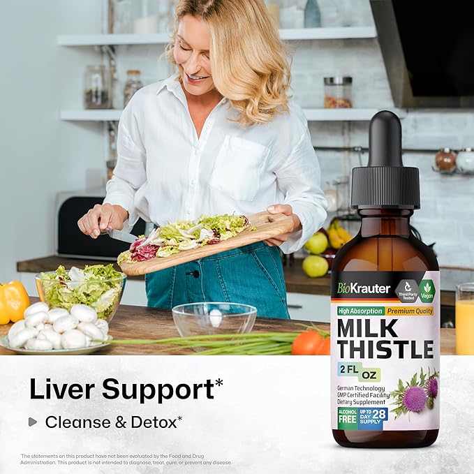 BIO KRAUTER Milk Thistle Liquid Drops - Milk Thistle Silymarin Liver Support Supplement - Alcohol & Sugar Free Tincture for Liver Cleanse Detox - 2 Fl. Oz.