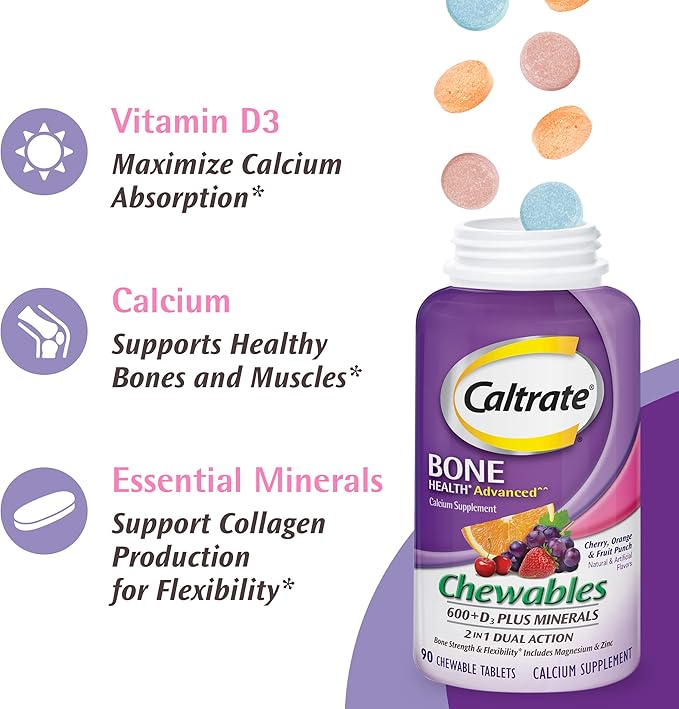 Caltrate Chewables 600 Plus D3 Plus Minerals Calcium Vitamin D Supplement, Cherry, Orange and Fruit Punch - 60 Count (Pack of 2)