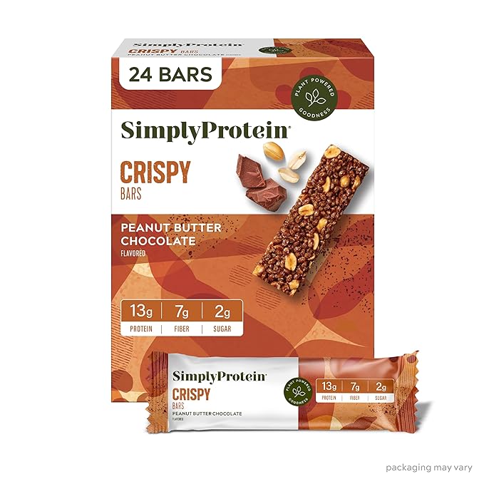 Simply Protein - Peanut Butter Chocolate Crispy Bars - Plant Based Protein Bars - Low Carb, Low Sugar, High Fiber - 13g Protein, 2g Sugar, 7g Fiber - Vegan, Gluten Free, Non GMO, Kosher - 24 Bars