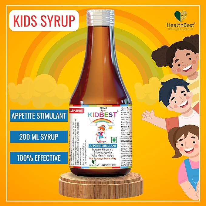 Kidbest Appetite Stimulant Syrup for 3-13 Yrs Kids | Increase Hunger | Helps Maintain Weight | Gluten Free | L-Lysine HCI,Vitamins B1,B2,B6,B12 | 200 ml
