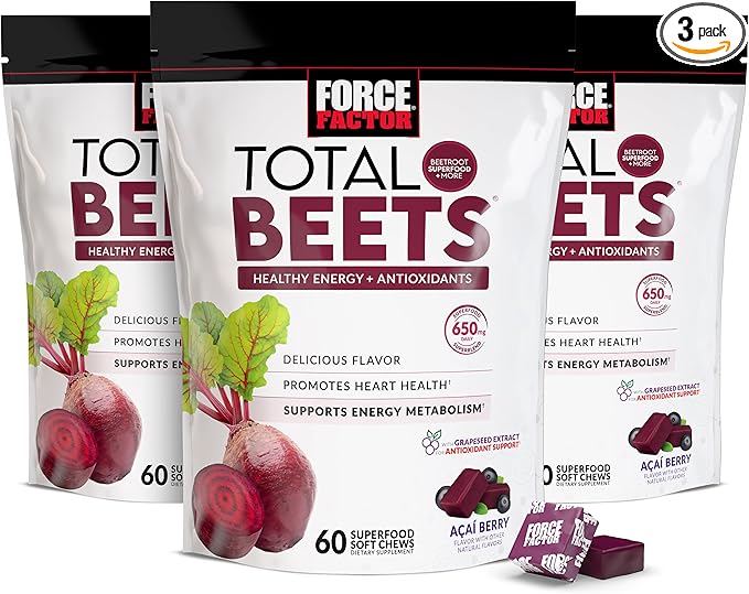 Force Factor Total Beets Soft Chews with Beetroot, Nitrates, L-Citrulline, Grapeseed Extract, & Antioxidants, Healthy Energy Supplement with Elite Ingredients for Heart, Superfood, 180 Count, 3-Pack