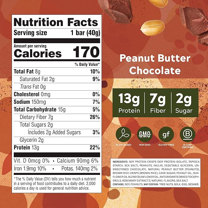 Simply Protein - Peanut Butter Chocolate Crispy Bars - Plant Based Protein Bars - Low Carb, Low Sugar, High Fiber - 13g Protein, 2g Sugar, 7g Fiber - Vegan, Gluten Free, Non GMO, Kosher - 24 Bars