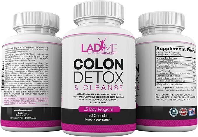 Pure Colon Cleanse & Detox 15 Day Program - Herbal Laxative Constipation Relief with Psyllium Husk, Cascara Sagrada & Senna Leaves - Special Women Intestinal Cleanser by Ladyme - 30 Capsules