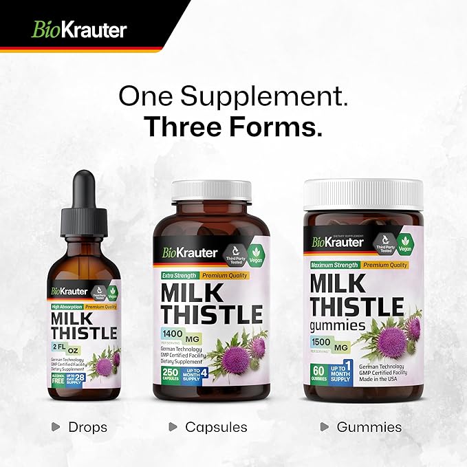 BIO KRAUTER Milk Thistle Liquid Drops - Milk Thistle Silymarin Liver Support Supplement - Alcohol & Sugar Free Tincture for Liver Cleanse Detox - 2 Fl. Oz.