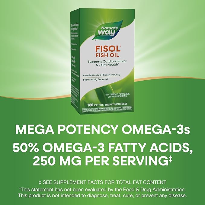 Nature's Way Fisol Fish Oil, Enteric Coated, Supports Cardiovascular and Joint Health*, Mega Potency Omega-3s, 180 Softgels (Packaging May Vary)