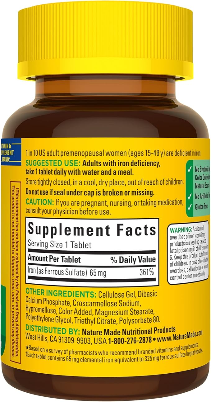 Nature Made Iron 65 mg (325 mg Ferrous Sulfate) Tablets, Dietary Supplement for Red Blood Cell Support, 180 Tablets, 180 Day Supply (Pack of 2)