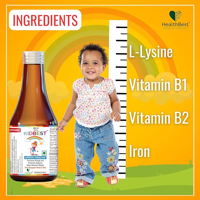 Kidbest Appetite Stimulant Syrup for 3-13 Yrs Kids | Increase Hunger | Helps Maintain Weight | Gluten Free | L-Lysine HCI,Vitamins B1,B2,B6,B12 | 200 ml
