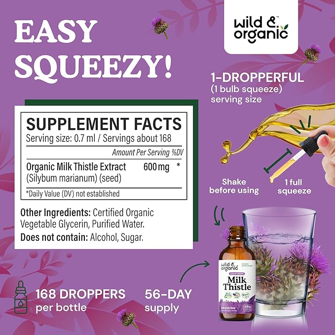 Wild & Organic Milk Thistle Liquid Drops - Liver Cleanse Detox - Silymarin Milk Thistle Supplement for Liver Support - Silybum Marianum Seed Extract Tincture - Vegan, Sugar & Alcohol-Free - 4 fl oz