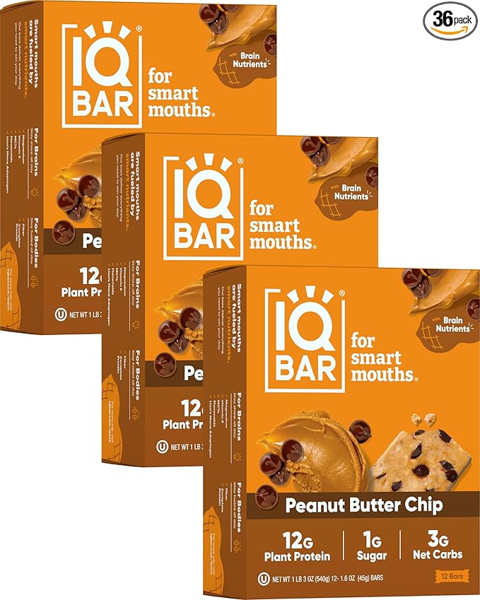 IQBAR Brain and Body Plant Protein Bars - Peanut Butter Chip - 36-Count Low Carb - Gluten Free, High Fiber, Vegan Snacks - Low Sugar Meal Replacement