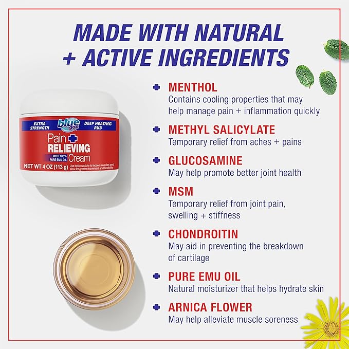 Blue Goo Pain Relieving Cream – FSA & HSA Eligible, Relief for Back/Neck Pain, Sports-Related Muscle/Joint, Sprains/Strains, Deep Heating Rub, Made w/ 100% Pure Emu Oil, 4 oz (1 Pack)