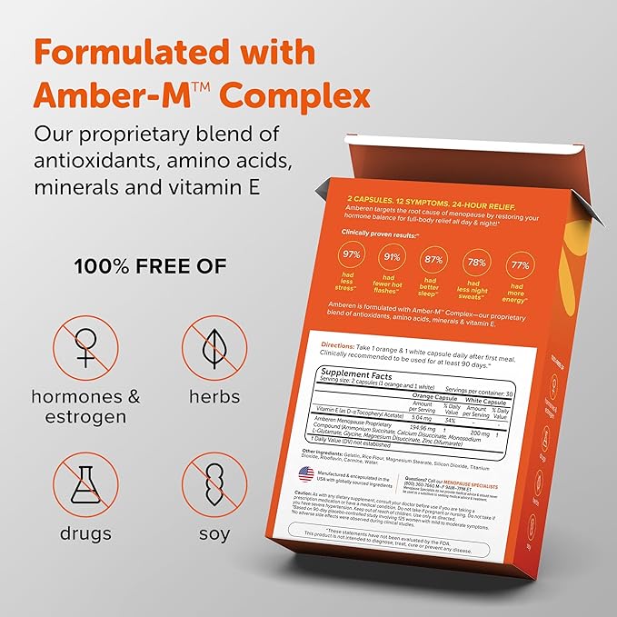 Amberen: Safe Multi-Symptom Menopause Relief. Clinically Shown to Relieve 12 Menopause Symptoms: Hot Flashes, Night Sweats, Mood Swings, Low Energy and More. 1 Month Supply