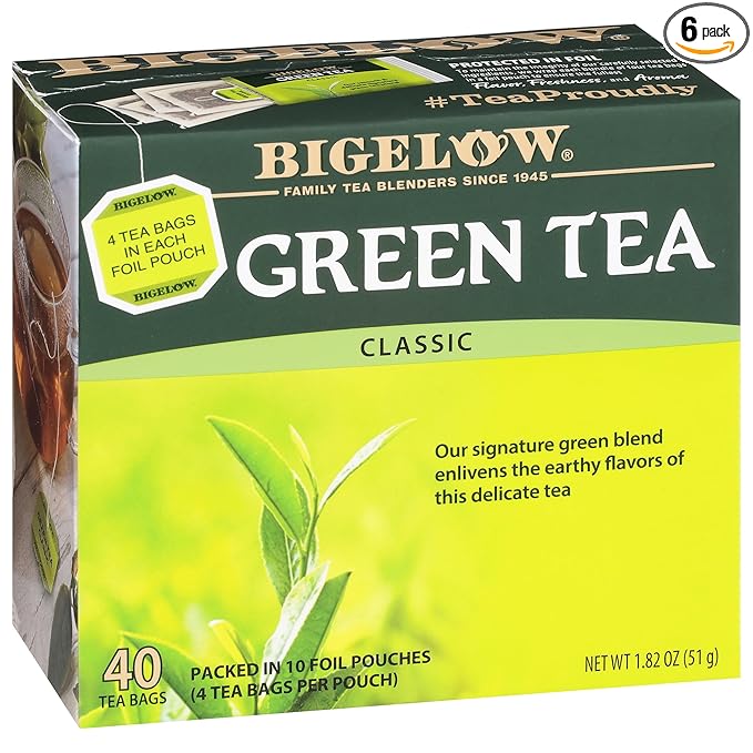 Bigelow Tea Classic Green Tea, Caffeinated Tea with Green Tea, 40 Count Box (Pack of 6), 240 Total Tea Bags