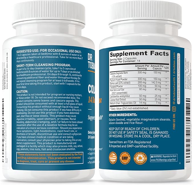 Dr. Tobias Colon 14 Day Cleanse, Advanced Gut Cleanse Detox for Women & Men with Cascara Sagrada, Psyllium Husk, Senna Leaf & Probiotics, Non-GMO Colon Cleanse, 3 Bottles of 28 Capsules (1-2 Daily)