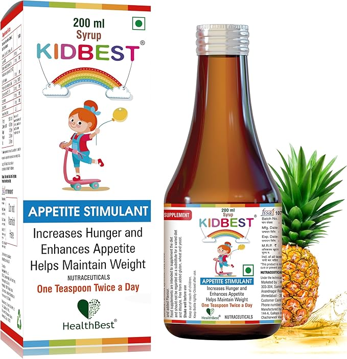 Kidbest Appetite Stimulant Syrup for 3-13 Yrs Kids | Increase Hunger | Helps Maintain Weight | Gluten Free | L-Lysine HCI,Vitamins B1,B2,B6,B12 | 200 ml