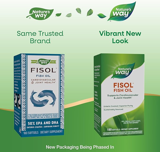 Nature's Way Fisol Fish Oil, Enteric Coated, Supports Cardiovascular and Joint Health*, Mega Potency Omega-3s, 180 Softgels (Packaging May Vary)