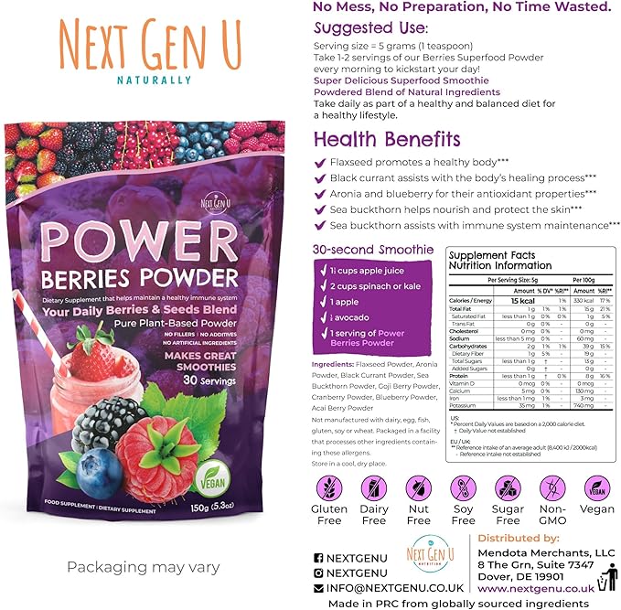 Super Berry Powder - 150g - Immune Support - Food Supplement - Superfood Berries - Smoothie Mix for Shakes - Healthy Boost for Detox Juice Beverages or Any Drink - by NextGenU