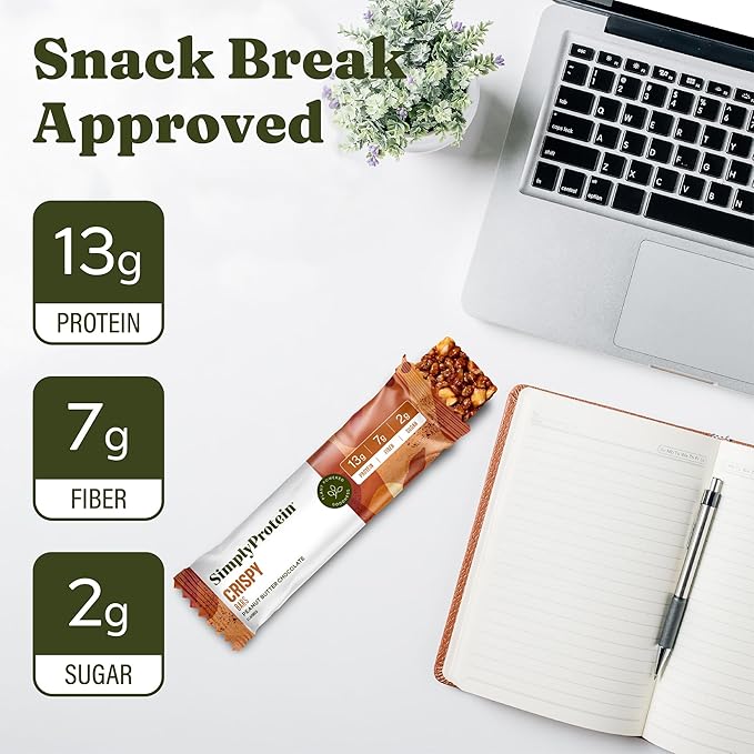 Simply Protein - Peanut Butter Chocolate Crispy Bars - Plant Based Protein Bars - Low Carb, Low Sugar, High Fiber - 13g Protein, 2g Sugar, 7g Fiber - Vegan, Gluten Free, Non GMO, Kosher - 24 Bars