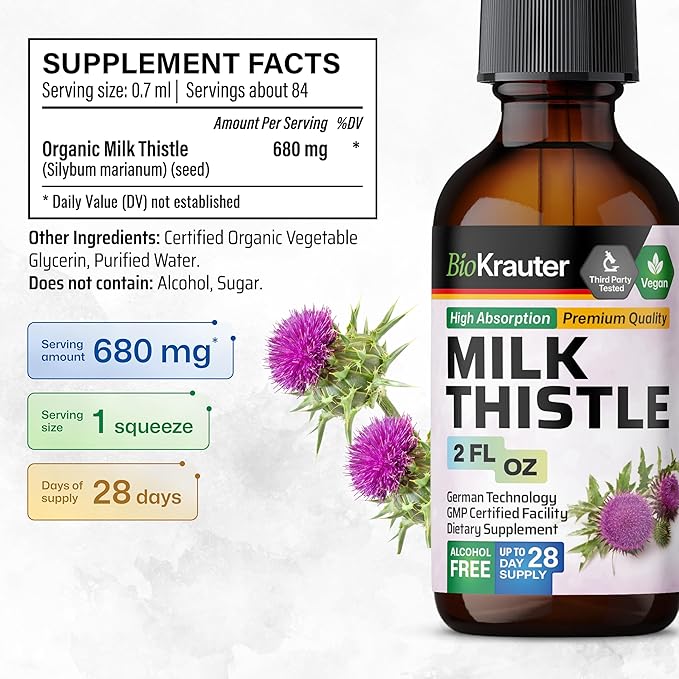 BIO KRAUTER Milk Thistle Liquid Drops - Milk Thistle Silymarin Liver Support Supplement - Alcohol & Sugar Free Tincture for Liver Cleanse Detox - 2 Fl. Oz.