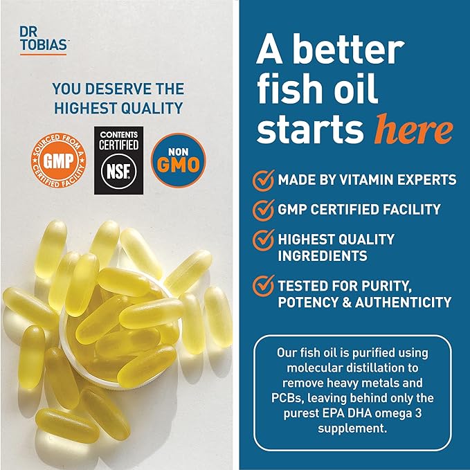 Dr. Tobias Omega 3 Fish Oil, 2000mg Triple Strength with 800mg EPA 600mg DHA Per Serving, Fish Oil Omega 3 Supplements for Heart, Brain & Immune Support, 360 Softgels, 180 Servings
