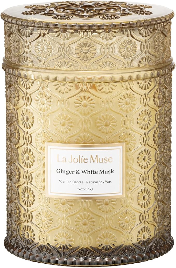 LA JOLIE MUSE Ginger & White Musk Candle, 19 oz Large Wood Wicked Candles for Home Scented, Natural Soy Candle Gifts for Men&Women, Long Burning Glass Jar Candles